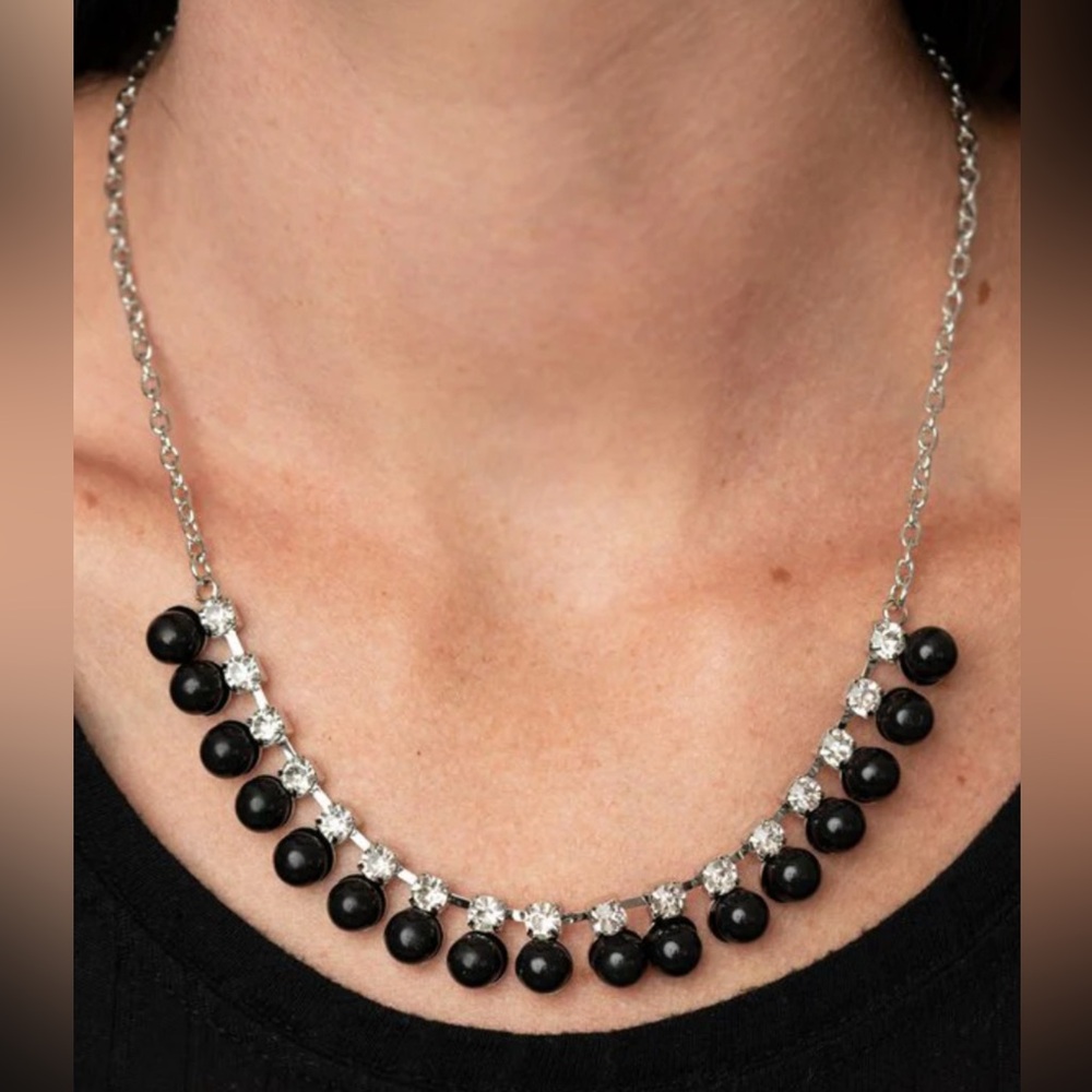 Elegant Black Bead & and Rhinestone Necklace & Earring Set